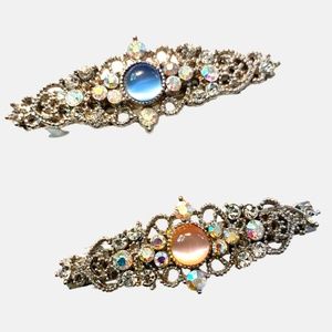 Vintage Style Silver Tone Barrette Duo With Crystal Accents